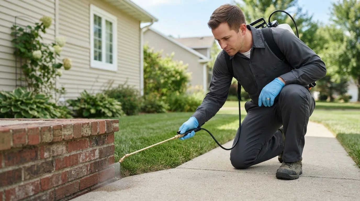 Pest control technician treating a home near Bruceville, IN