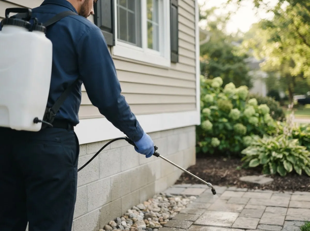 Pest control technician inspecting a home in Bruceville, IN